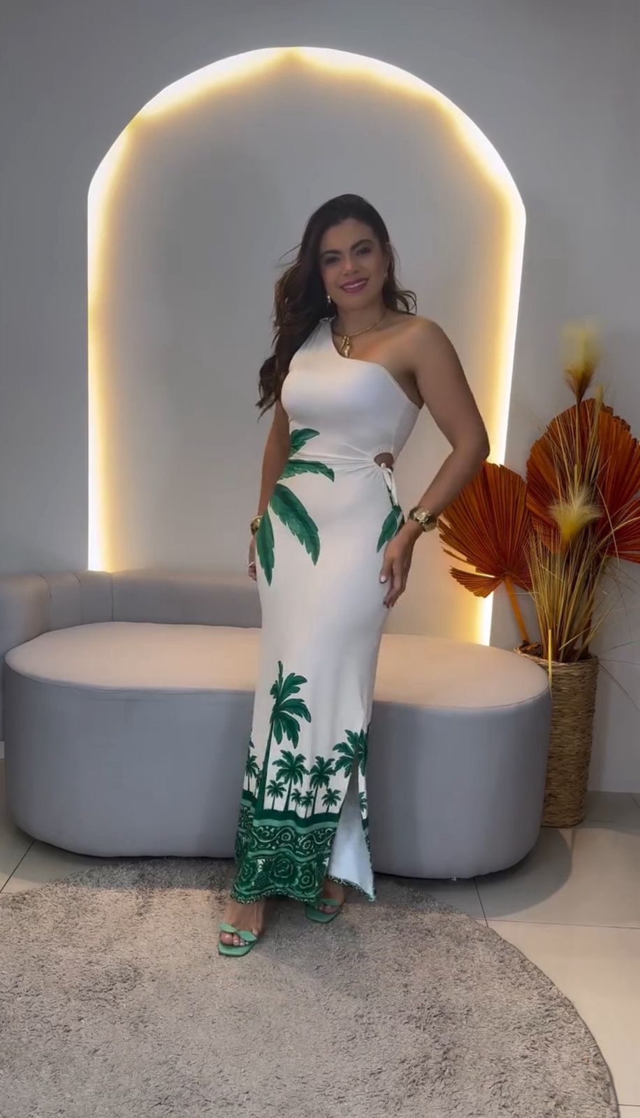 Vestido Longo Ombro Único Estampa Tropical