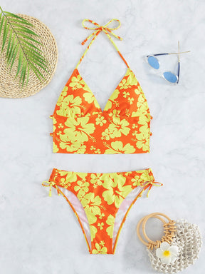 Biquíni Floral Halter Com Laços