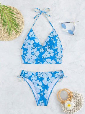 Biquíni Floral Halter Com Laços