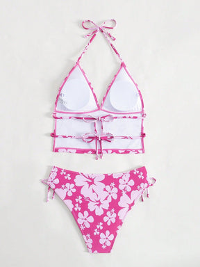 Biquíni Floral Halter Com Laços