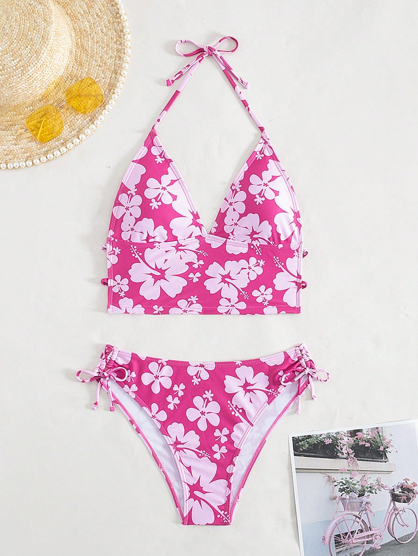 Biquíni Floral Halter Com Laços