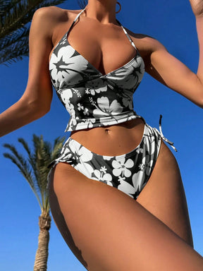Biquíni Floral Halter Com Laços