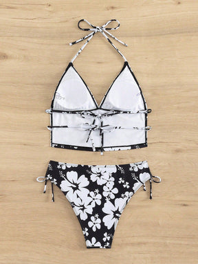 Biquíni Floral Halter Com Laços