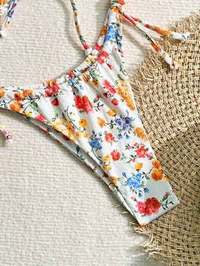 Biquíni Floral Alças Finas E Laço Lateral