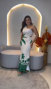 Vestido Longo Ombro Único Estampa Tropical
