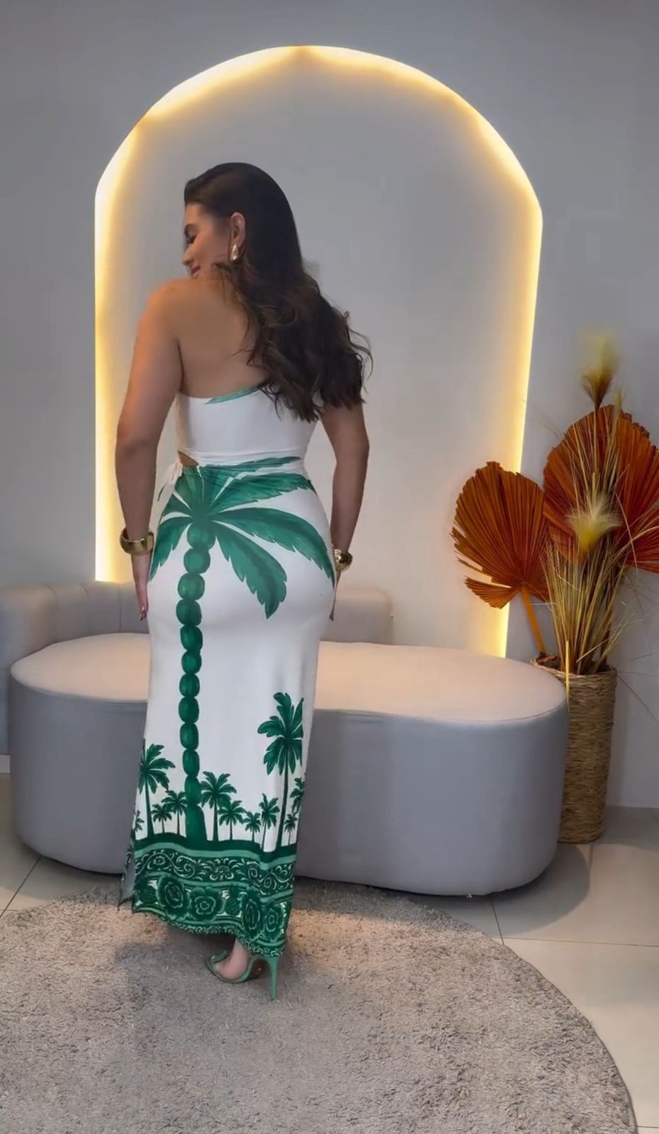 Vestido Longo Ombro Único Estampa Tropical